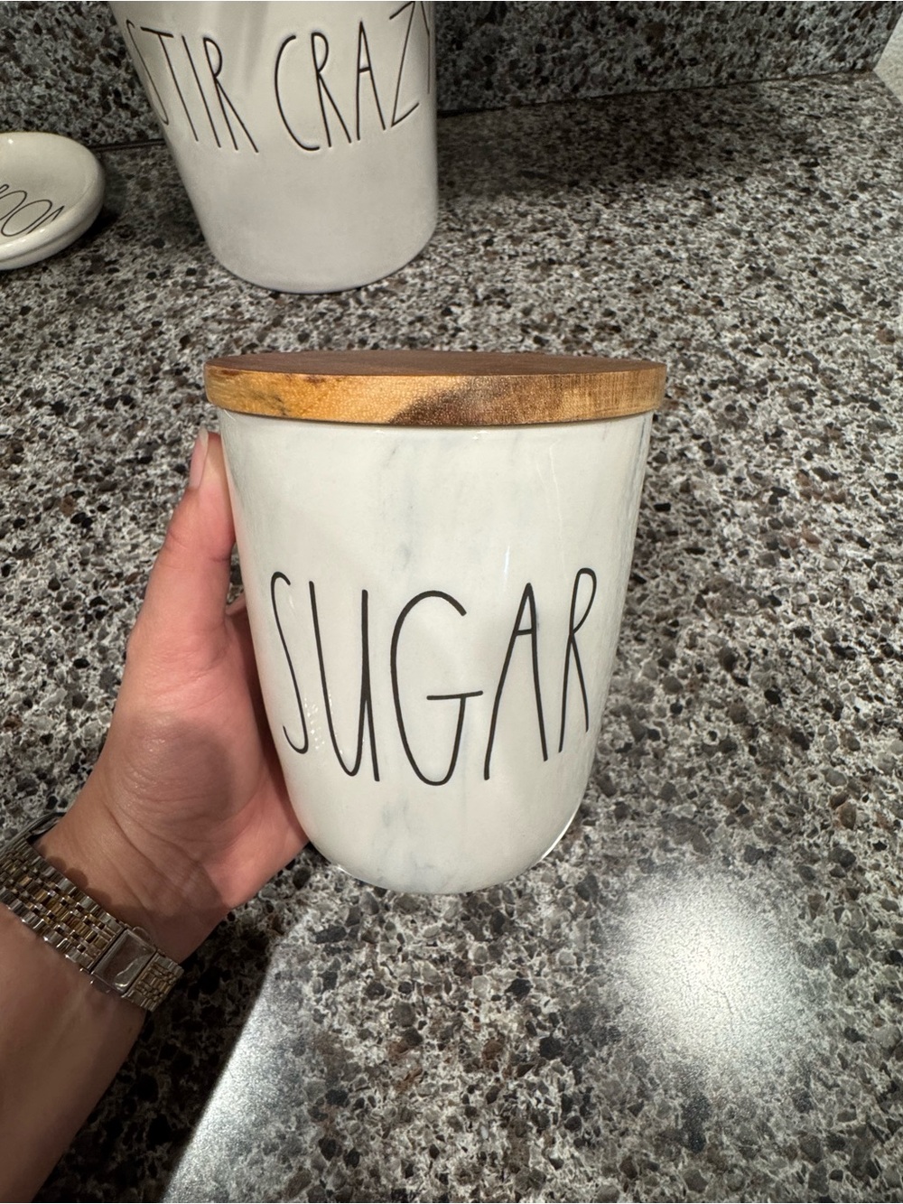 Rae Dunn Marble Ceramic Sugar Canister with Wooden Lid - Farmhouse Style